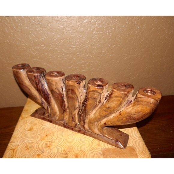 Wood Hand Carved Kwanza Kinara 7 Branches Candle Holder - Picture 13 of 16